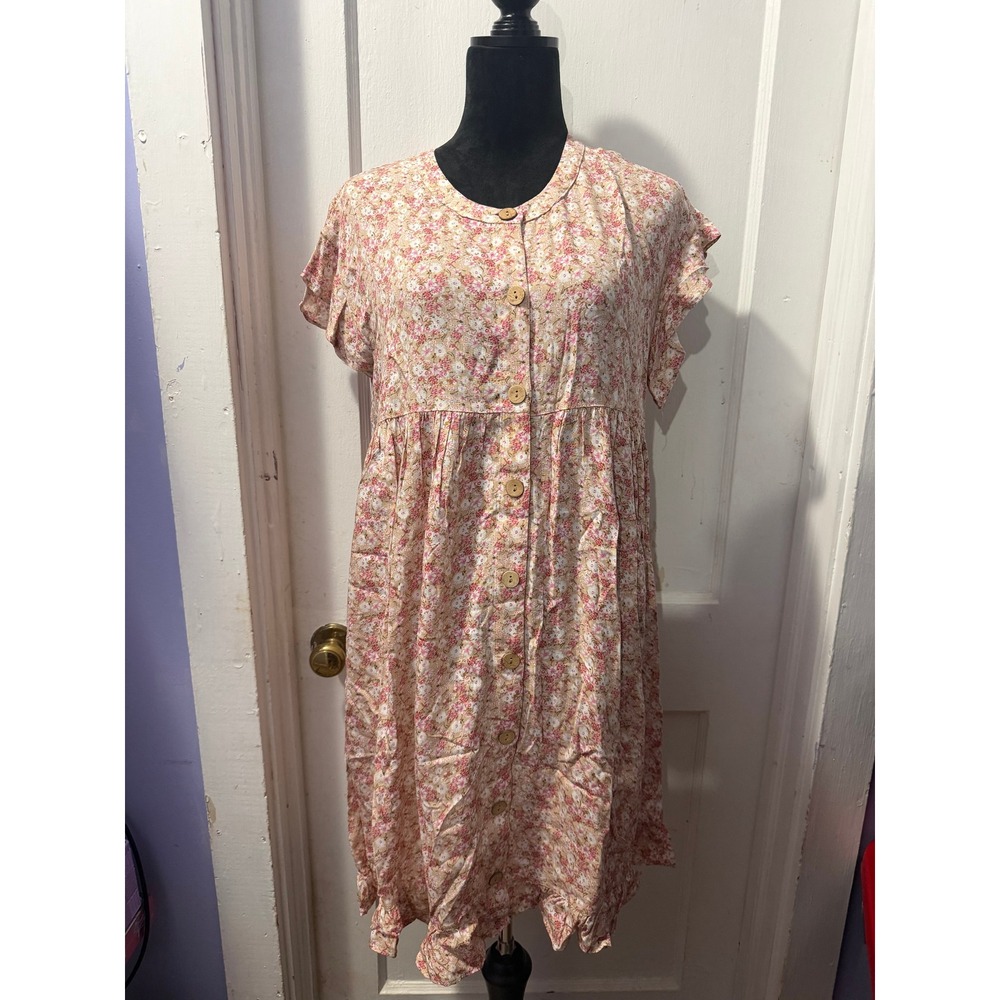 Oddi Beige Pink Floral Short Sleeve Dress M NWT Rayon Ruffle Button Babydoll